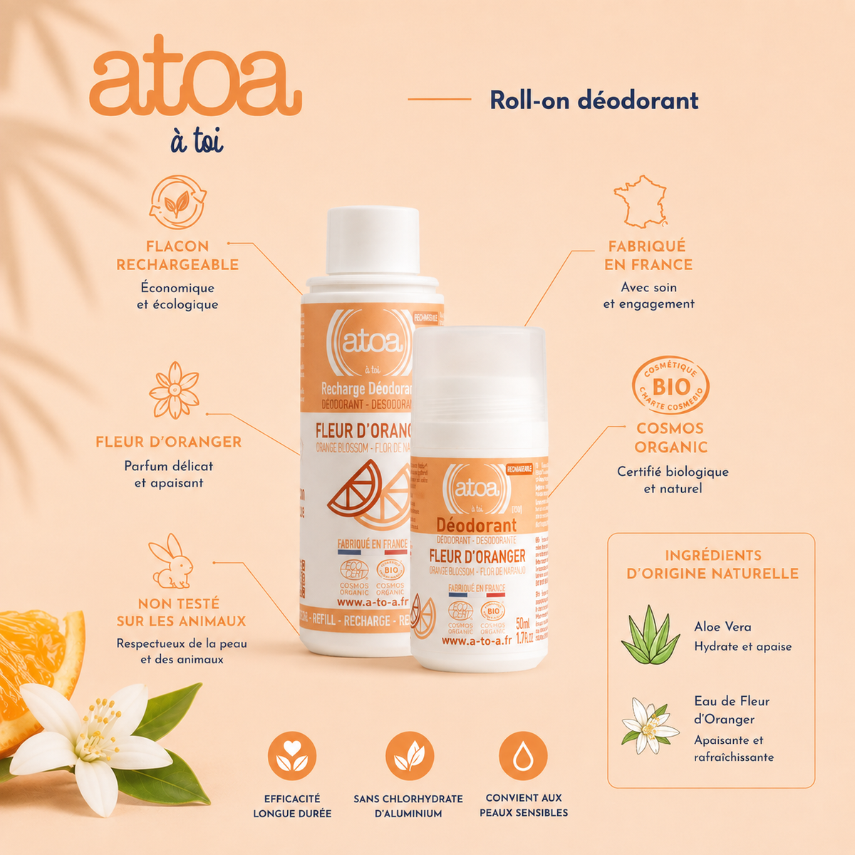 ATOA - RECHARGE Roll on déodorant Fleur d'Oranger - COSMOS ORGANIC