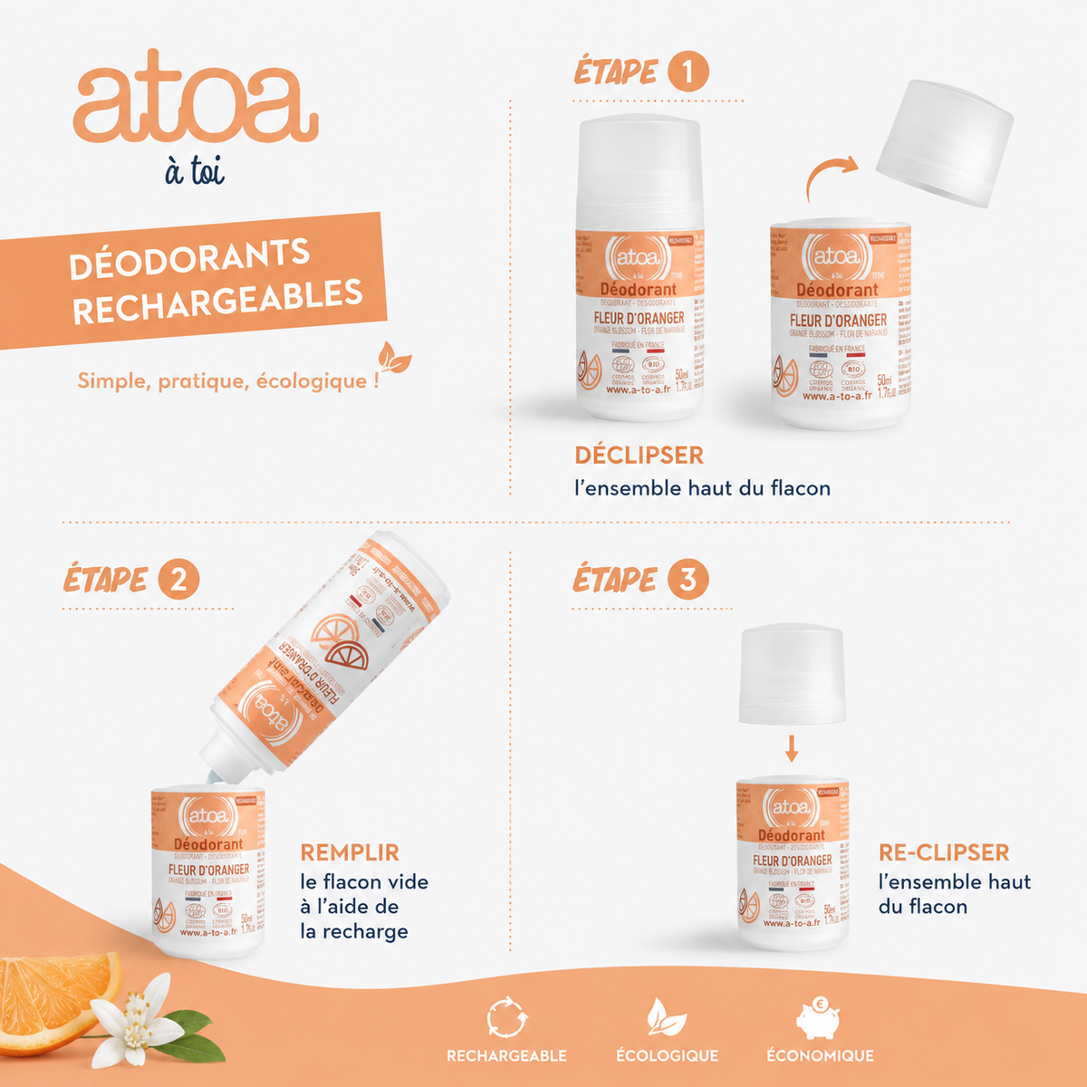 ATOA - RECHARGE Roll on déodorant Fleur d'Oranger - COSMOS ORGANIC