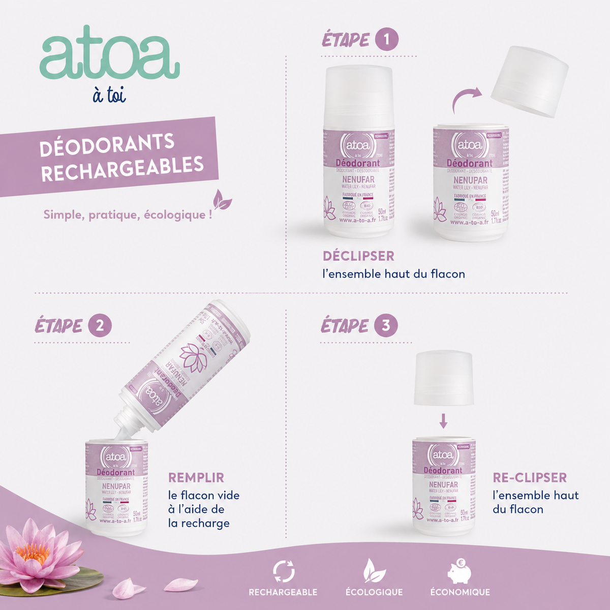 ATOA - Lot Roll-on + Recharge déodorant Nénuphar - COSMOS ORGANIC